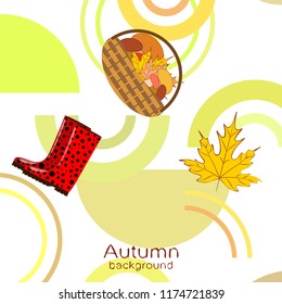 autumn rubber boots fallen leaf basket mushroom autumnal vector background