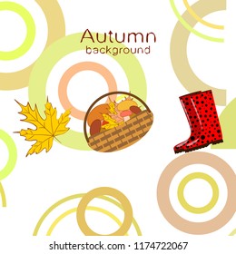 autumn rubber boots fallen leaf basket mushroom autumnal vector background