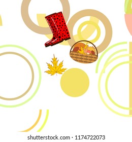 autumn rubber boots fallen leaf basket mushroom autumnal vector background