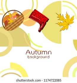 autumn rubber boots fallen leaf basket mushroom autumnal vector background