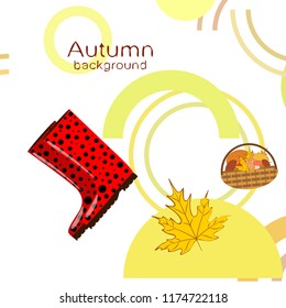 autumn rubber boots fallen leaf basket mushroom autumnal vector background