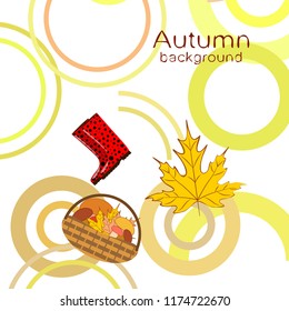 autumn rubber boots fallen leaf basket mushroom autumnal vector background