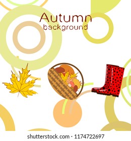 autumn rubber boots fallen leaf basket mushroom autumnal vector background