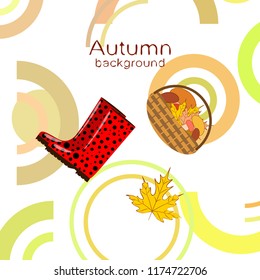 autumn rubber boots fallen leaf basket mushroom autumnal vector background