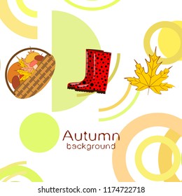 autumn rubber boots fallen leaf basket mushroom autumnal vector background