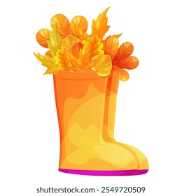 Autumn rubber boots with leaves. Design of boots with a bouquet of leaves. Bouquet design in boots