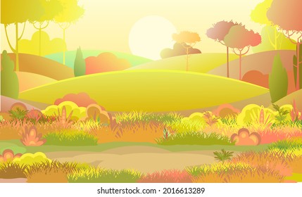 Autumn rural beautiful landscape. Meadow with glade. Cartoon style. Hills with grass and red trees. Lush meadows. Cool romantic beauty. Flat design illustration. Vector graphics