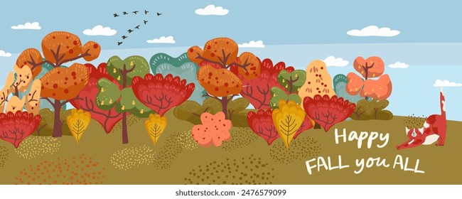 Autumn rural farm landscape farm field and forest trees, vector banner background farm harvest field, nature landscape rural landscape with ginger cat and places for text. Hand drawn vector illustrati