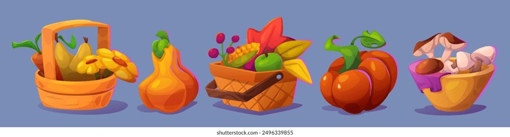 Herbst ländliche Ernte in Korb und Holzplatte - reife Kürbisse und Karotte, Apfel und Mais, Pilze, Blumen und Herbst bunte Blätter. Cartoon-Vektorsatz von Obst und Gemüse Ernte.