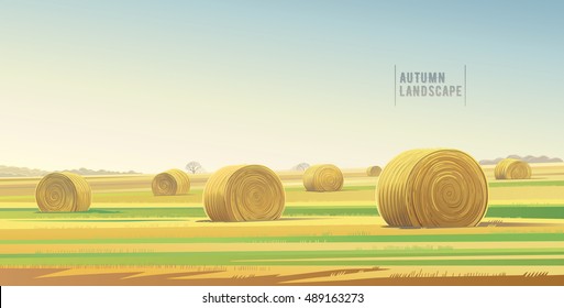 Autumn rural  landscape from agricultural field and bales of hay. Vector illustration.