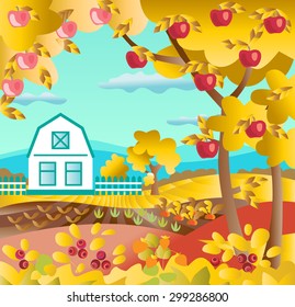 Autumn rural landscape. Apple orchard. Vector illustration