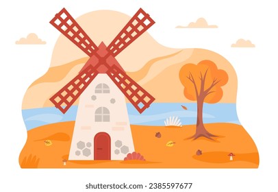 Autumn rural landscape concept. Windmill naeer tree with orange leaves and mushrooms. Fall season panorama. River and acorns. Cartoon flat vector illustration isolated on white background