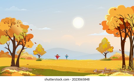 Autumn rural landscape in evening light with sunset, blue and pink sky background,Vector Cartoon fall season at countryside with forest tree and grass field with sunrise,Backdrop banner for Autumnal 