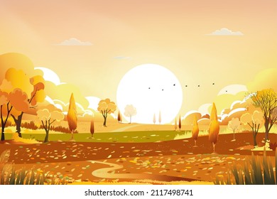 Paisaje rural de otoño en la luz de la noche con puesta de sol, fondo del cielo azul y naranja,Temporada de otoño de caricatura vectorial en el campo con árbol forestal y campo de hierba con amanecer,Banner de fondo natural 