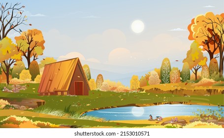 Autumn rural landscape in evening light with sunset, blue and orange sky background,Vector Cartoon fall season at countryside with forest tree and grass field with sunrise,Backdrop natural banner 