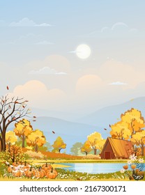 Autumn rural landscape in evening light with sunset, blue and orange sky background,Vector Cartoon fall season countryside with forest tree pumpkin on grass field with sunrise,Backdrop natural banner 