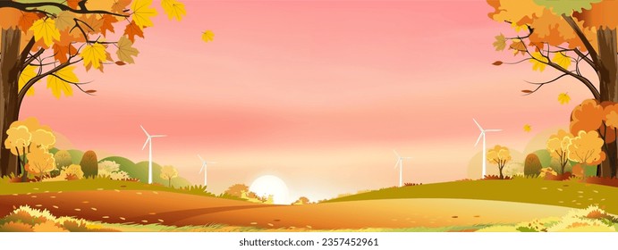 Autumn rural landscape in evening light with sunset sky background,Vector Cartoon wide horizon fall season in countryside with forest tree and grass field with sunrise,Backdrop natural banner 