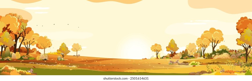 Autumn rural landscape in evening light with sunset, blue and orange sky background,Vector Cartoon fall season at countryside with forest tree and grass field with sunrise,Backdrop natural banner 