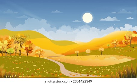 Autumn rural landscape farm fields and forest trees with blue Sky, Vector Cartoon horizonbanner Autumnal Scenery of natural countryside with morning sunrise,Fall season for Thanksgiving background