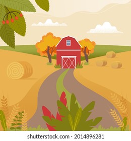 Autumn Rural landscape with farmhouse and ears of wheat. Countryside landscape. Vector illustration in flat style