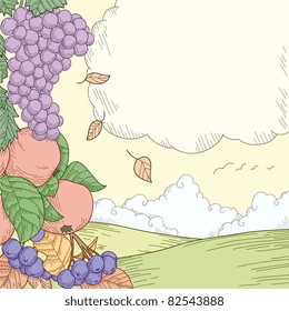 Autumn rural landscape with fruits ornament. Vector illustration.
