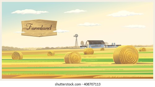 Autumn rural landscape with hay, and farm on the back plan.