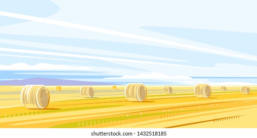 Autumn rural landscape with haystacks, dried haystack to the horizon in simple colors and lines, farming life concept illustration