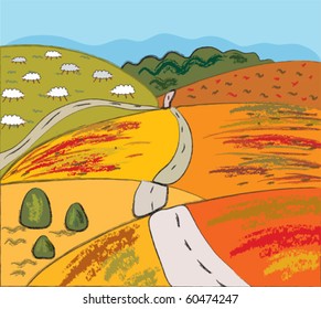 Autumn rural landscape with hills and road