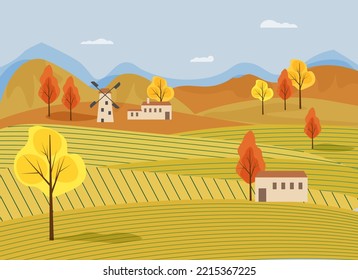 Autumn rural landscape - houses and mills, trees with yellow foliage, fields and hills. Postcard template with place for text. Vector drawing. For use in decor, postcards, flyers and brochures, 