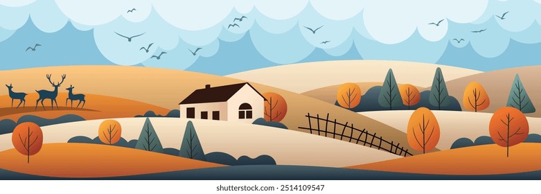 Autumn rural landscape, minimalistic vector illustration, hills and trees and the house