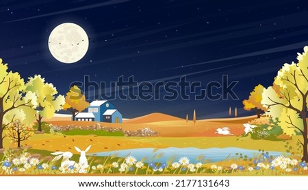 Autumn rural landscape at night with full moon on dark blue sky background,Vector Cartoon fall season at countryside with rabbits playing in forest tree and grass field,Backdrop Mid Autumnal banner 