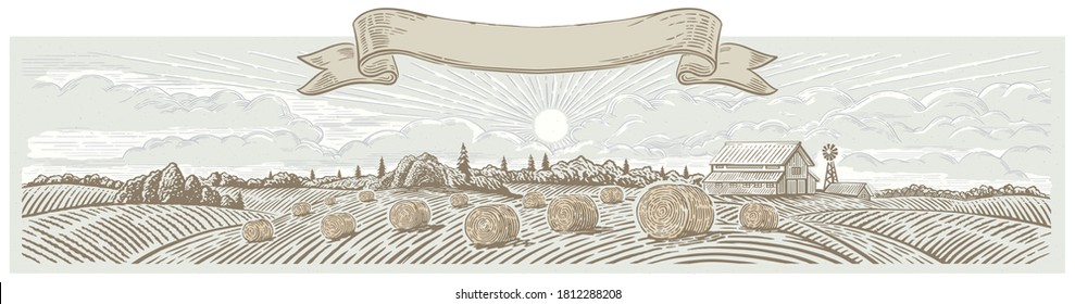 Autumn rural landscape panoramic format with a farm and bales of hay. Hand drawn Illustration in engraving style.