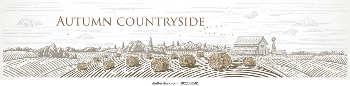 Autumn rural landscape in panoramic format with a farm and bales of hay. Illustration in engraving style.	