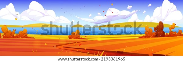 Autumn rural
landscape with river, orange agriculture fields, bushes, flying
leaves and road. Vector cartoon illustration of country panorama
with farmlands and lake in
fall