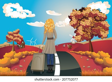 Autumn rural landscape with a road, trees and girl tourist illustration.