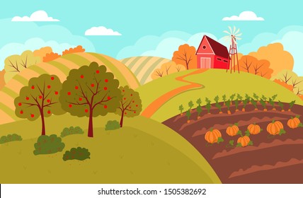 Autumn rural landscape with rolling hills and fields. Field farmland countryside