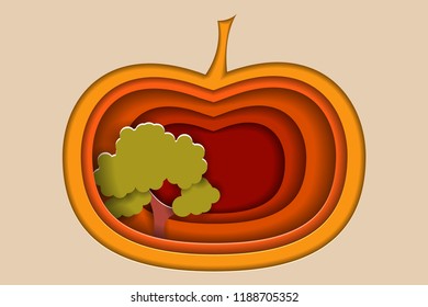 Autumn rural landscape with tree and big pumpkin. Paper cut shapes and layers as countryside design. Vector EPS10