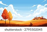 Autumn rural landscape with trees and distant farmhouse landscape countryside
