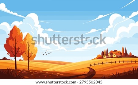 Autumn rural landscape with trees and distant farmhouse landscape countryside