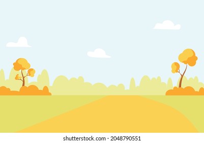 Autumn rural landscape with trees, fields and a road. Vector cartoon illustration.