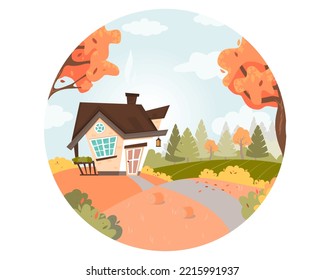 Autumn rural landscape with trees, fields, a house and hay rolls. Rural landscape. Vector illustration in flat style