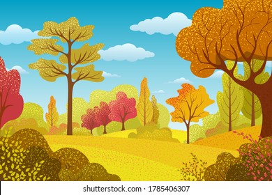 Autumn rural landscape with trees and leaves. Background with forest. Natural banner  with plants. Vector flat design. Seasonal template for business, greeting card. Nature and ecology.