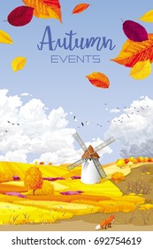 Autumn rural landscape vector banner with foliage, fields and windmill for Harvest Festivals and fairs, sales and other autumn events, for prints, greeting cards, posters, invitations.