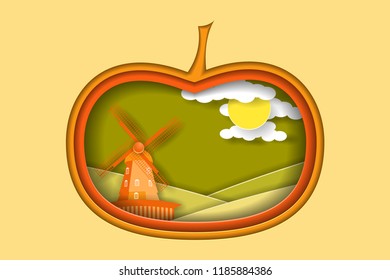 Autumn rural landscape with windmill and big pumpkin. Paper cut shapes and layers as countryside design. Vector EPS10