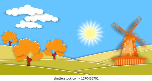 Autumn rural landscape with windmill and fruit trees. Paper cut shapes and layers as countryside design. Vector EPS10