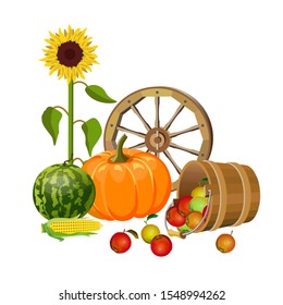 Autumn rural still life with wooden wheel, vegetables, fruits and sunflower. Vector illustration isolated on white background