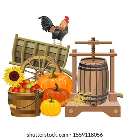 Autumn rural still life with wooden cart, cider press, pumpkins, apples and rooster. Vector illustration isolated on white background