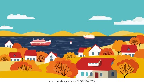 Autumn rural valley landscape flat color vector. River village fall season scenic view poster. Town house on lake bank cartoon. Autumnal nature scene background. Riverside rural community illustration