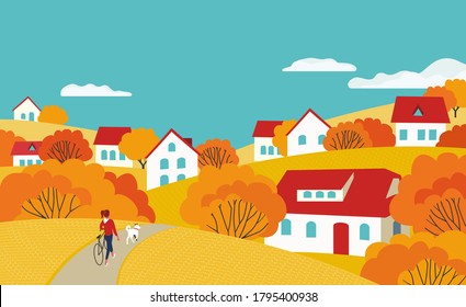 Autumn rural valley landscape flat color vector. Bright golden fall season scenic view poster. Countryside houses, rural community calm lifestyle cartoon illustration. Autumnal nature scene background