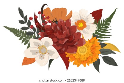 Autumn rustic floral arrangement in rustic style. Colorful flowers, dry leaves, ferns, and berries. Isolated on white background. Autumn holiday cards design